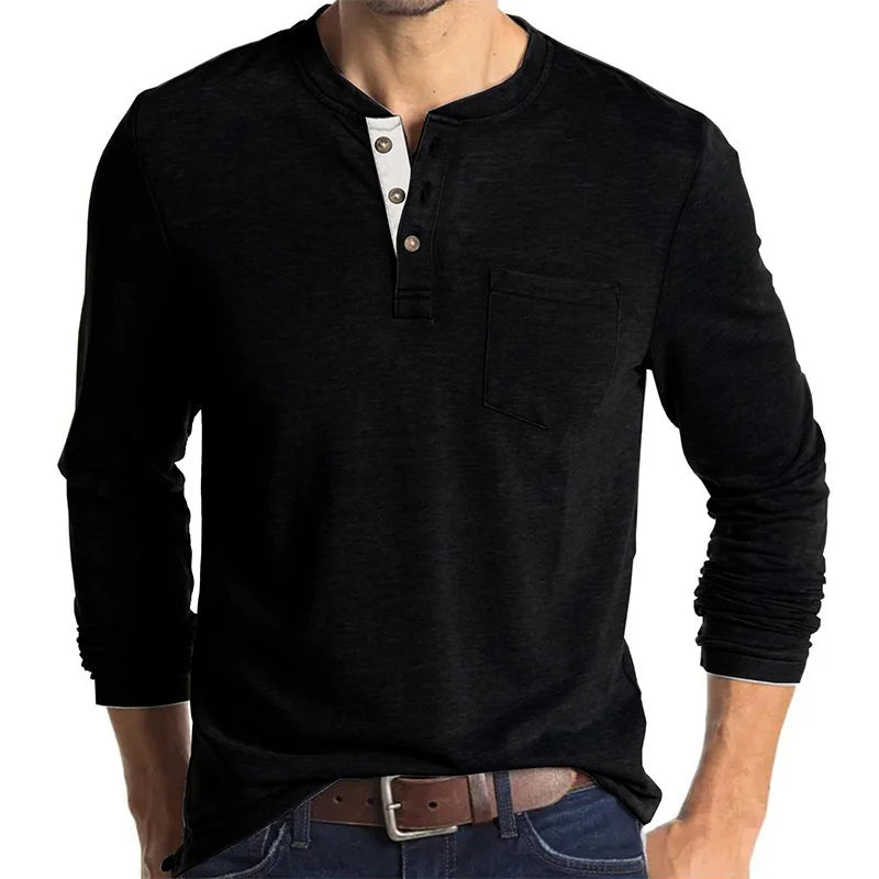 Langarm-T-Shirt – Herren-Basic-Shirt mit Rundhalsausschnitt und viertem Knopf-Schwarz-S-Chaps Herrenmode