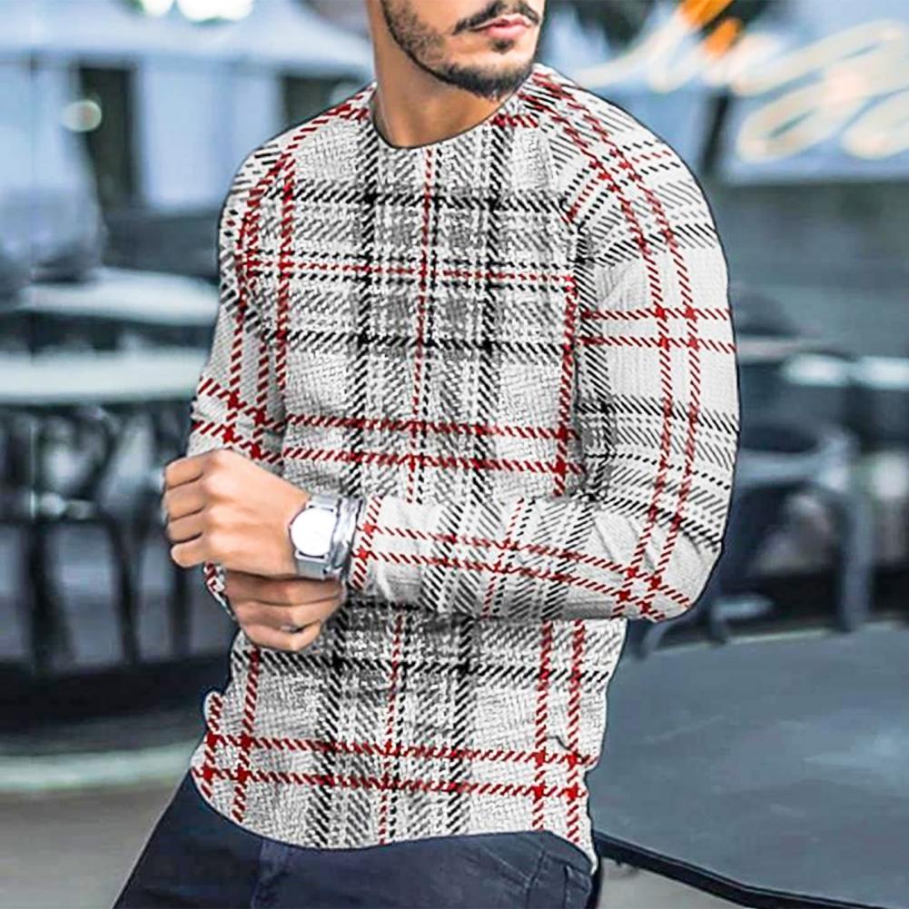 Langarm-T-Shirt | Rundhalsausschnitt | Pullover | Sweater | Herrenbekleidung-Karierter Druck-S-Chaps Herrenmode