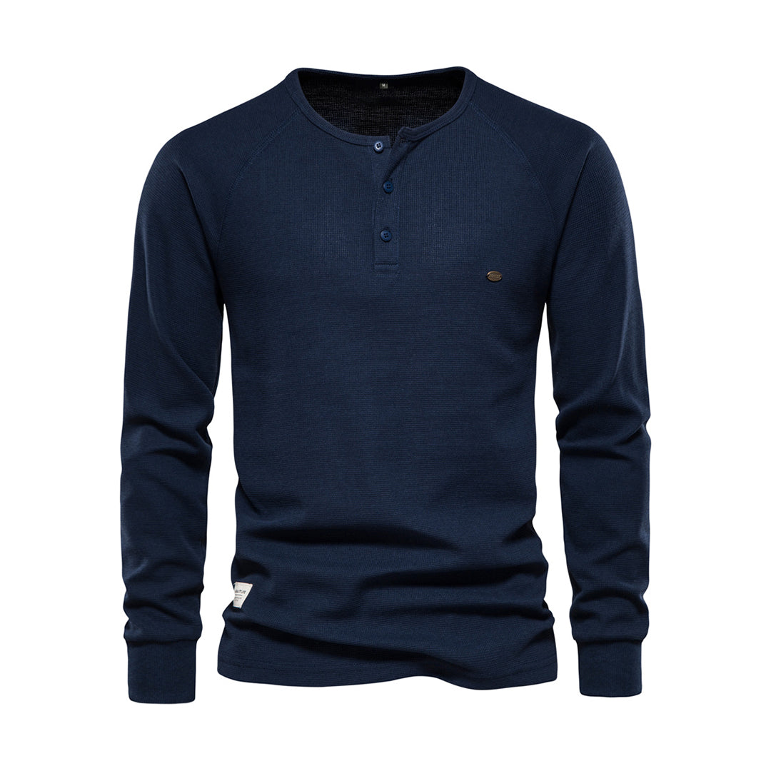 Langarm-T-Shirt - Schlichtes Langarmhemd mit Viertelknopf für Männer-Marineblau-S-Chaps Herrenmode