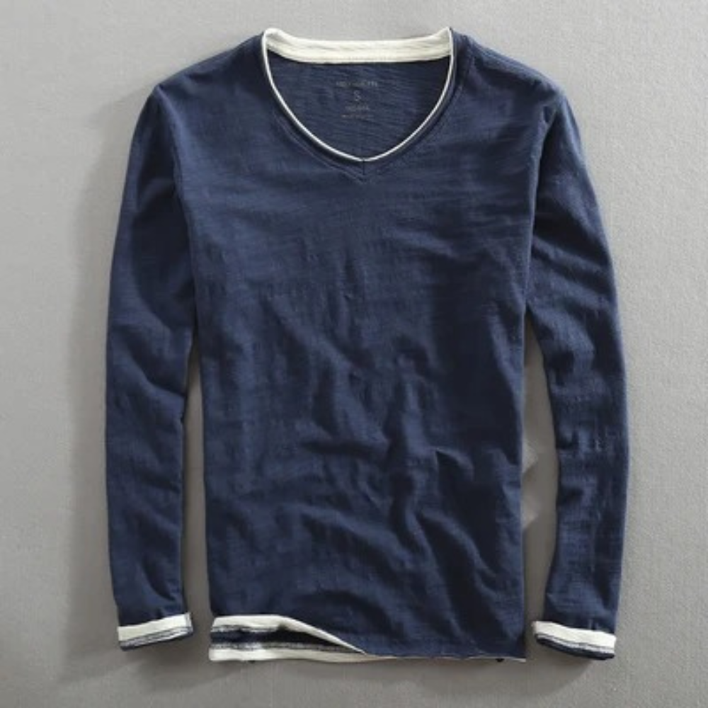 Langarm-T-Shirt | V-Ausschnitt | Langarm-Shirts | Herrenbekleidung-Dunkelblau-S-Chaps Herrenmode