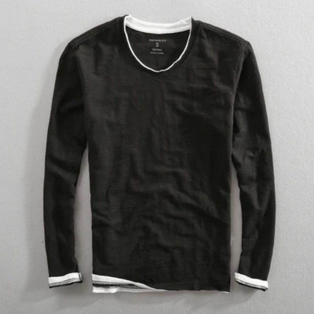 Langarm-T-Shirt | V-Ausschnitt | Langarm-Shirts | Herrenbekleidung-Schwarz-S-Chaps Herrenmode