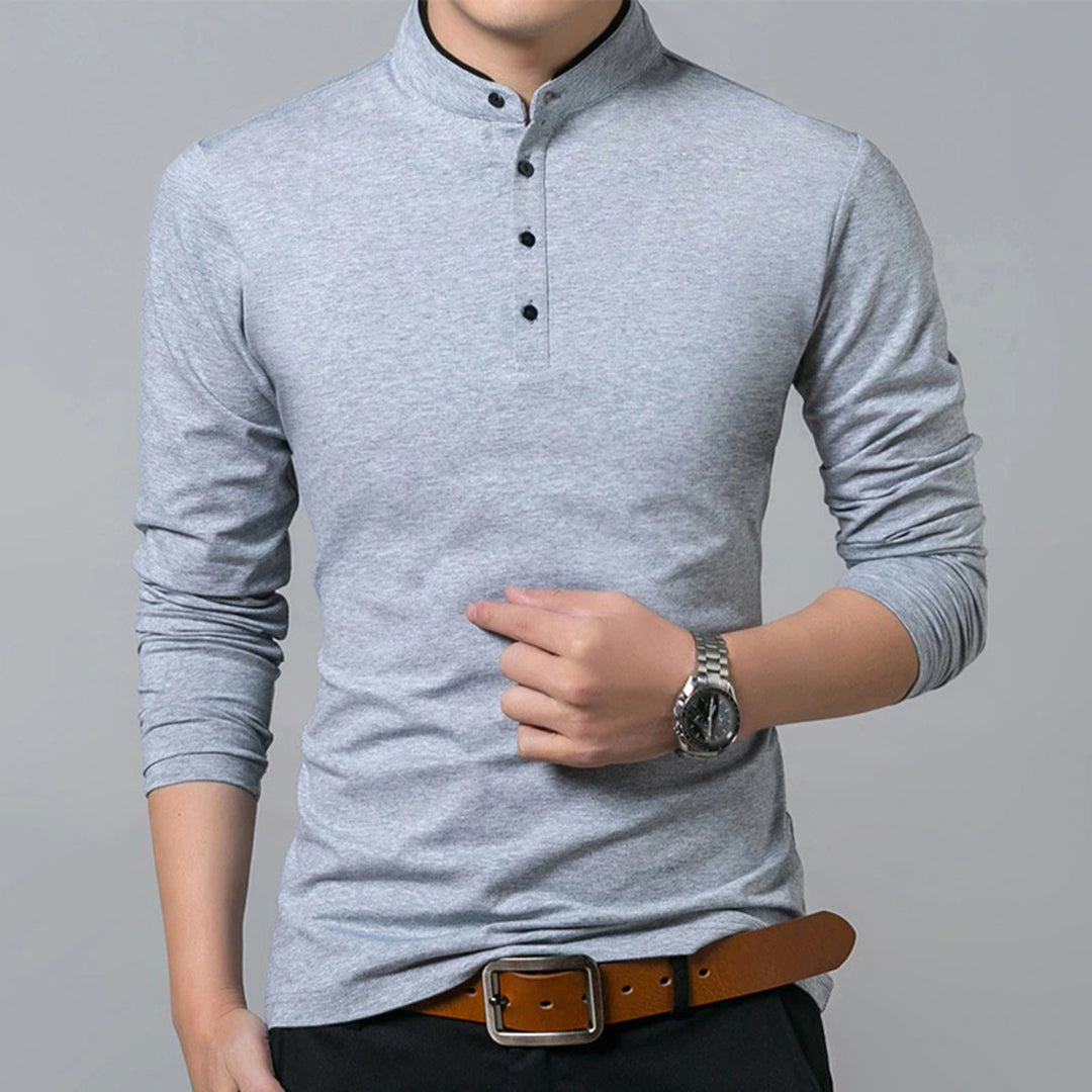 Langarm-T-Shirt – geknöpft – schmal geschnitten – Poloshirt – Herrenbekleidung-Grau-M-Chaps Herrenmode
