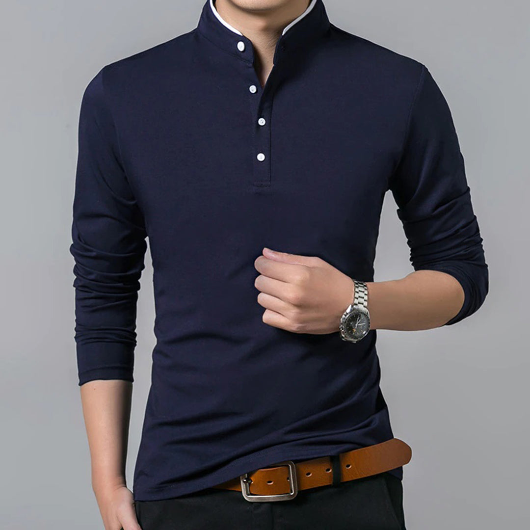 Langarm-T-Shirt – geknöpft – schmal geschnitten – Poloshirt – Herrenbekleidung-Marineblau-M-Chaps Herrenmode
