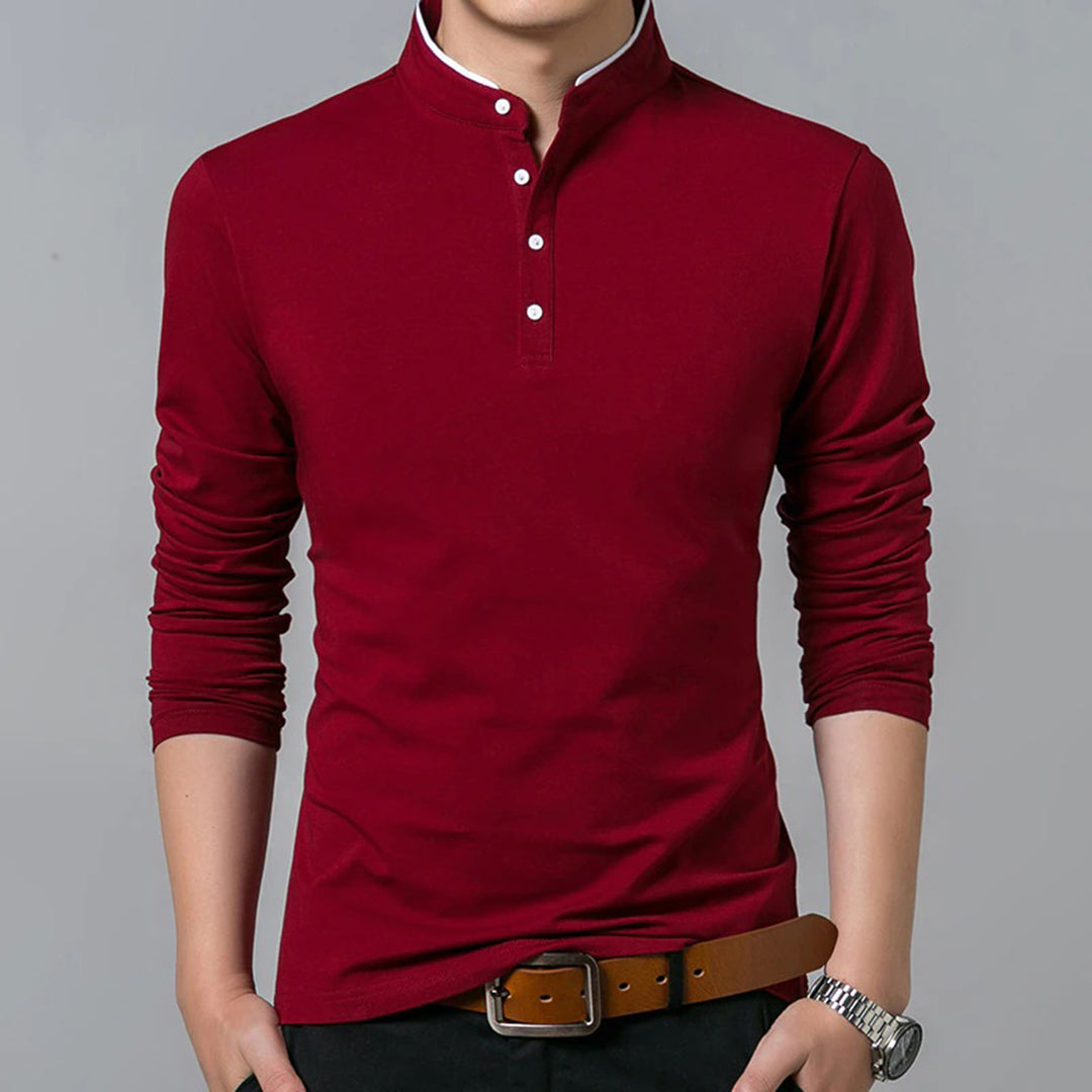Langarm-T-Shirt – geknöpft – schmal geschnitten – Poloshirt – Herrenbekleidung-Rot-M-Chaps Herrenmode