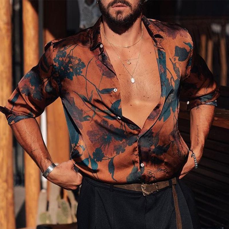 Langärmeliges Hemd - Bedruckt - Button-Up - Hawaiihemd - Herrenhemd-Orange-S-Chaps Herrenmode