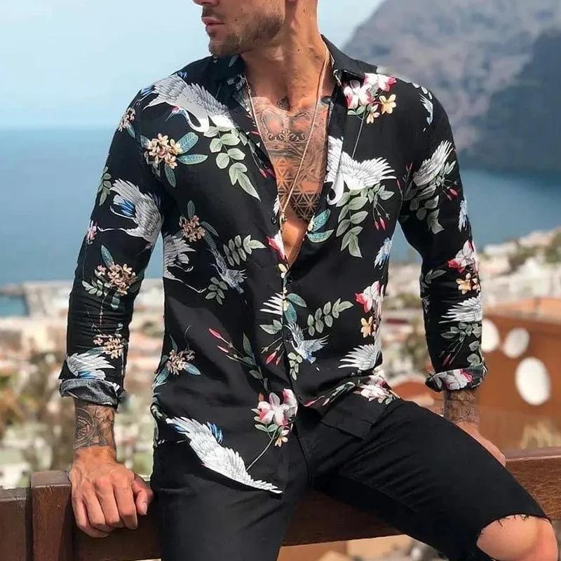Langärmeliges Hemd - Bedruckt - Button-Up - Hawaiihemd - Herrenhemd-Schwarz-S-Chaps Herrenmode