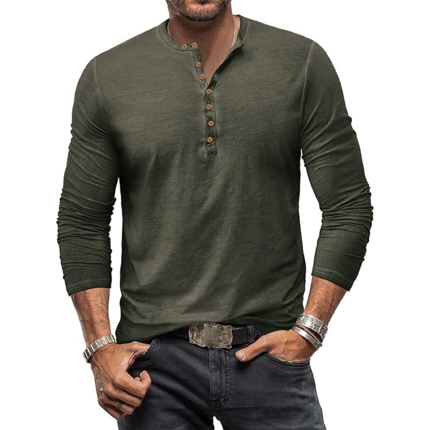 Langärmeliges T-Shirt - Herren Casual Plain Buttoned Up Henley Shirt-Chaps Herrenmode