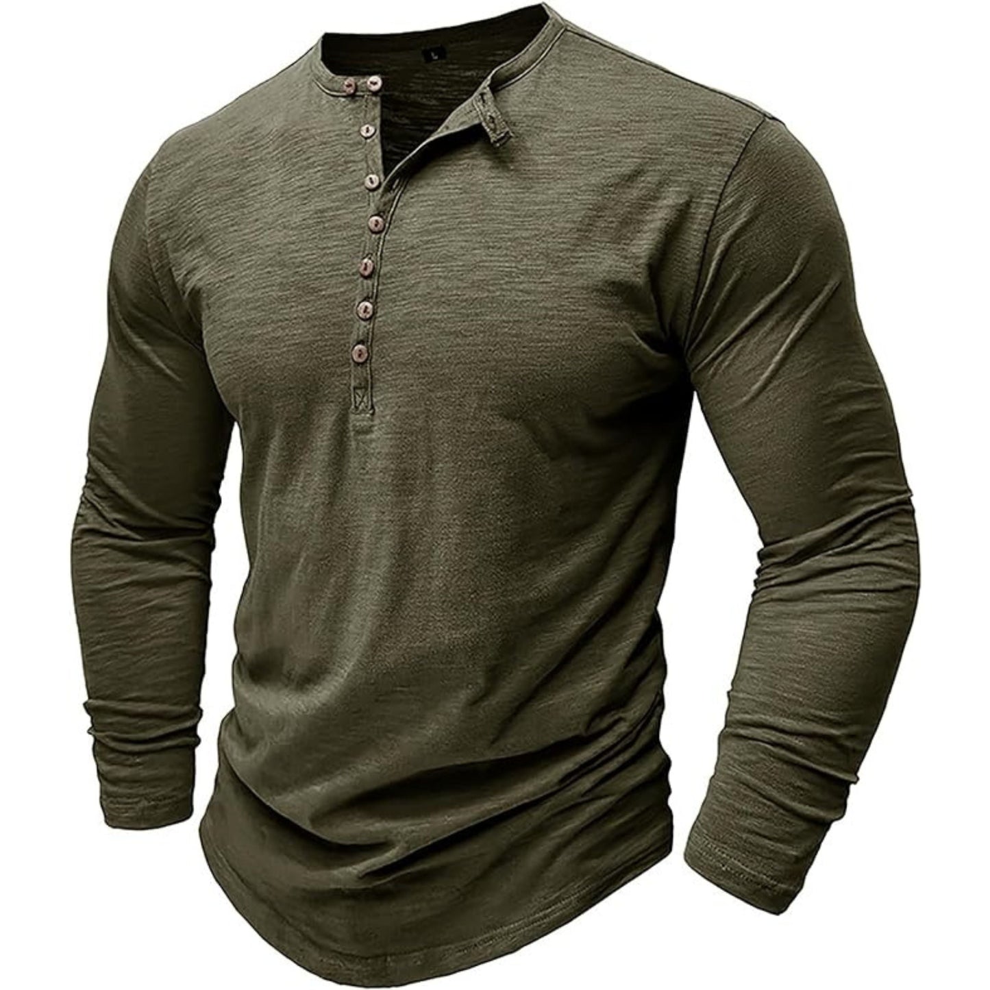 Langärmeliges T-Shirt - Herren Casual Plain Buttoned Up Henley Shirt-Dunkelgrün-S-Chaps Herrenmode