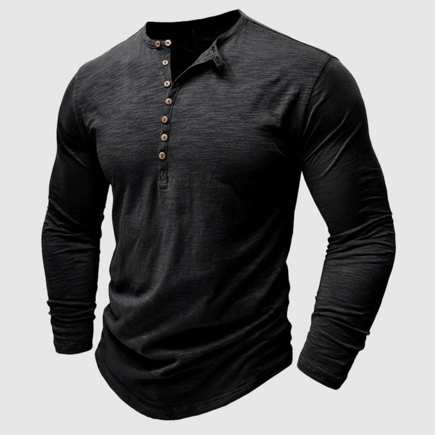 Langärmeliges T-Shirt - Herren Casual Plain Buttoned Up Henley Shirt-Schwarz-S-Chaps Herrenmode