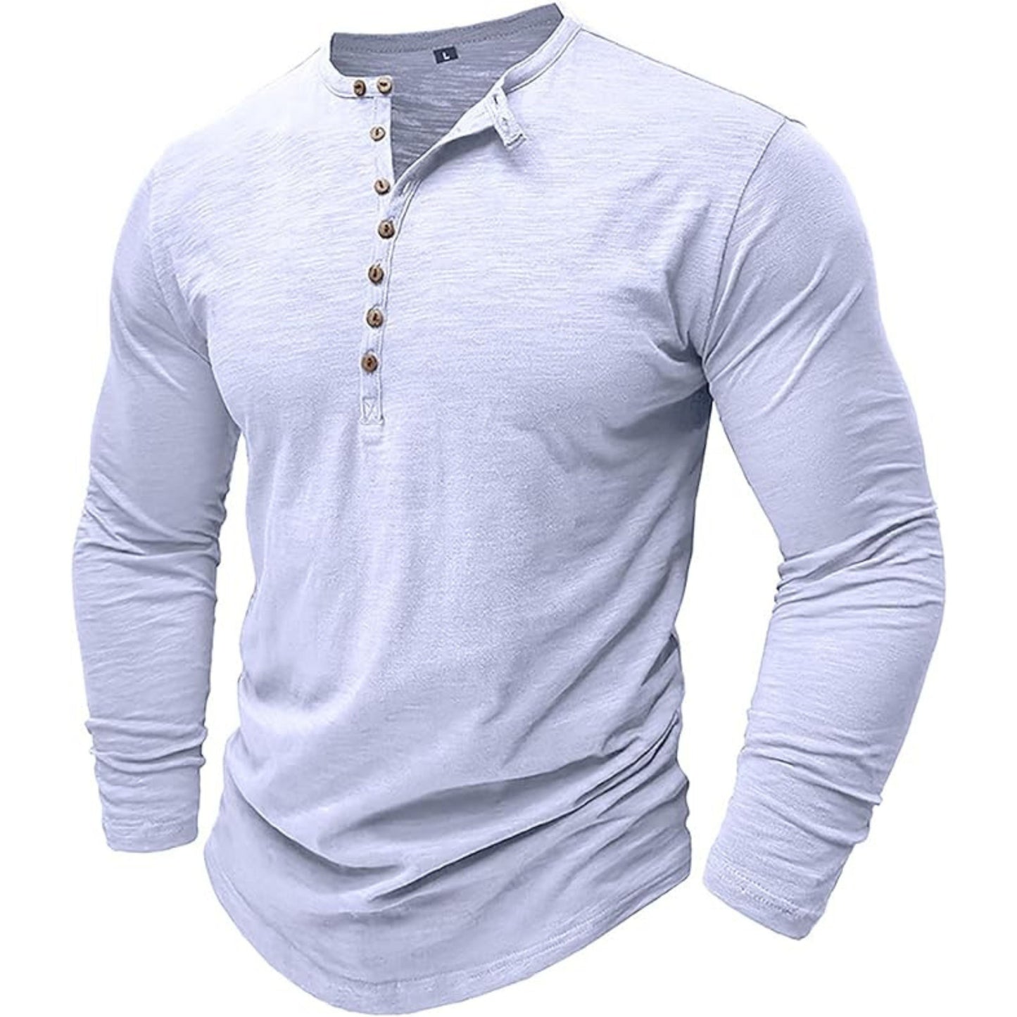 Langärmeliges T-Shirt - Herren Casual Plain Buttoned Up Henley Shirt-Weiß-S-Chaps Herrenmode