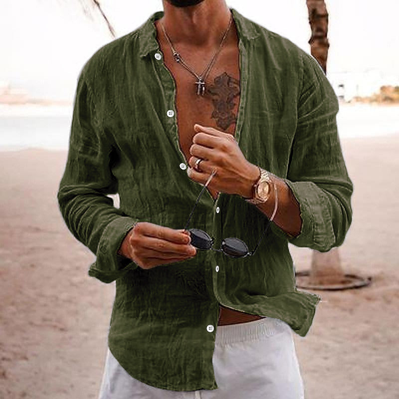 Langarmhemd - Button-Up - Leichtgewicht - Leinenhemd - Herrenhemden-Armeegrün-S-Chaps Herrenmode