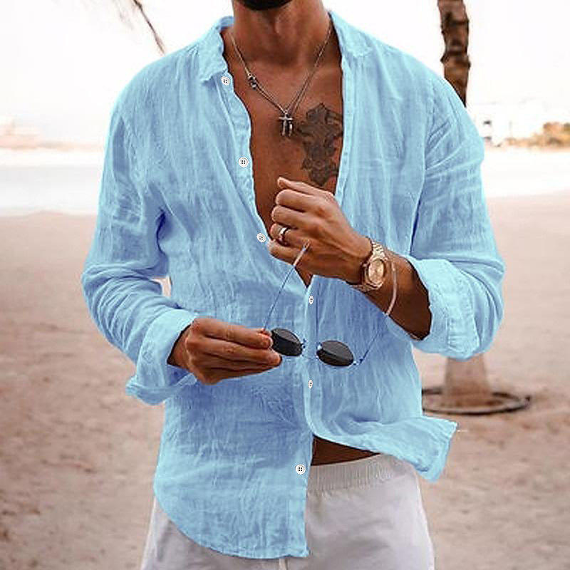 Langarmhemd - Button-Up - Leichtgewicht - Leinenhemd - Herrenhemden-Blau-S-Chaps Herrenmode