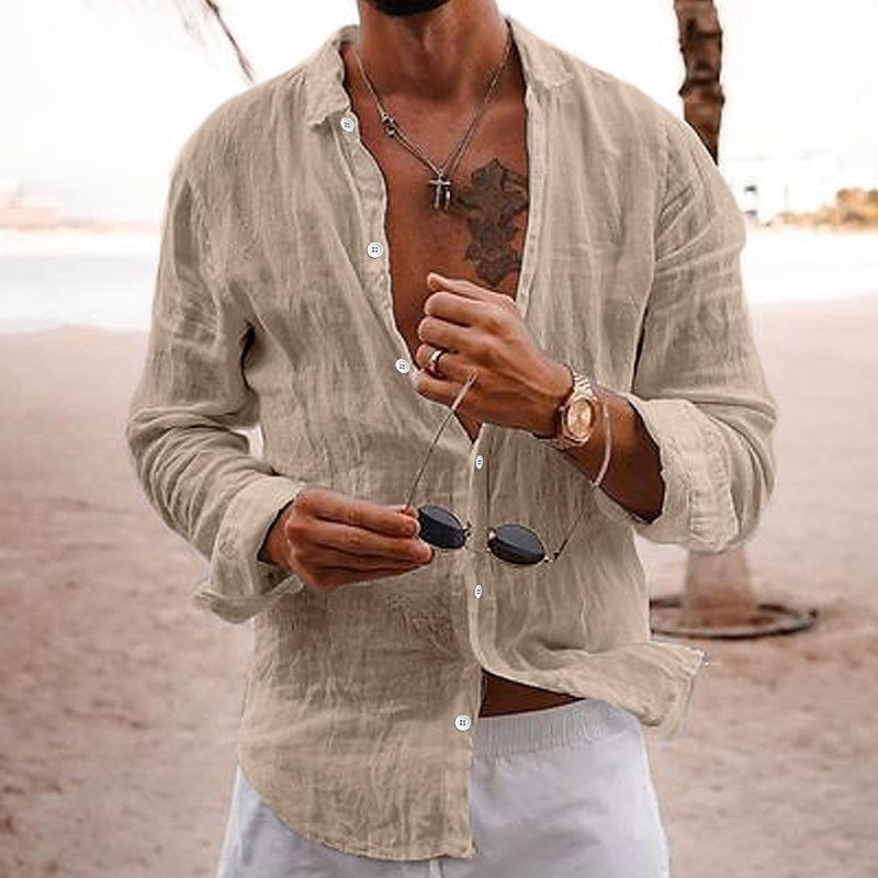 Langarmhemd - Button-Up - Leichtgewicht - Leinenhemd - Herrenhemden-Hellkhaki-S-Chaps Herrenmode