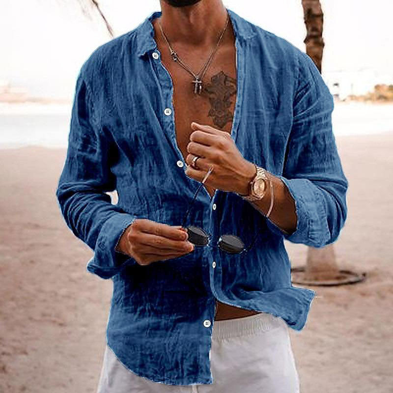 Langarmhemd - Button-Up - Leichtgewicht - Leinenhemd - Herrenhemden-Marineblau-S-Chaps Herrenmode