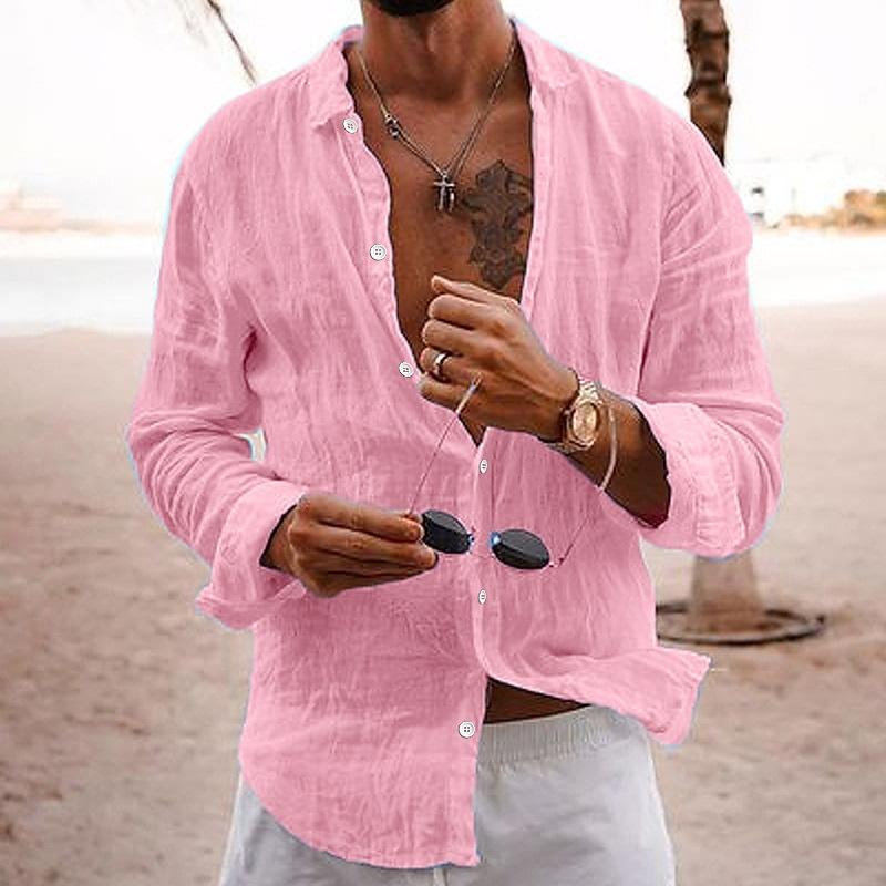 Langarmhemd - Button-Up - Leichtgewicht - Leinenhemd - Herrenhemden-Rosa-S-Chaps Herrenmode