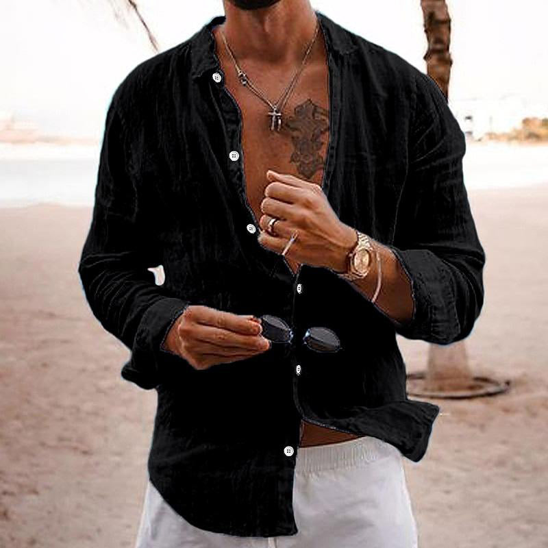 Langarmhemd - Button-Up - Leichtgewicht - Leinenhemd - Herrenhemden-Schwarz-S-Chaps Herrenmode
