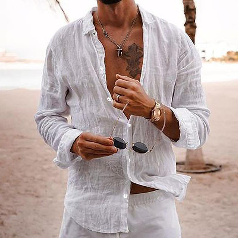 Langarmhemd - Button-Up - Leichtgewicht - Leinenhemd - Herrenhemden-Weiß-S-Chaps Herrenmode