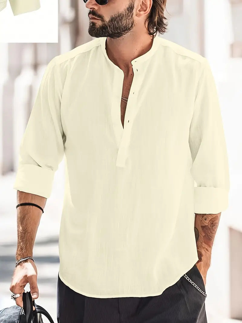 Langärmliges Hemd | Knopfleiste | Leicht | Sommerhemd | Herrenhemd-Beige-XS-Chaps Herrenmode
