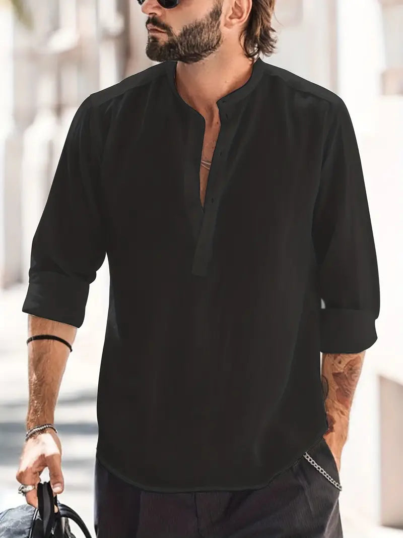 Langärmliges Hemd | Knopfleiste | Leicht | Sommerhemd | Herrenhemd-Schwarz-XS-Chaps Herrenmode
