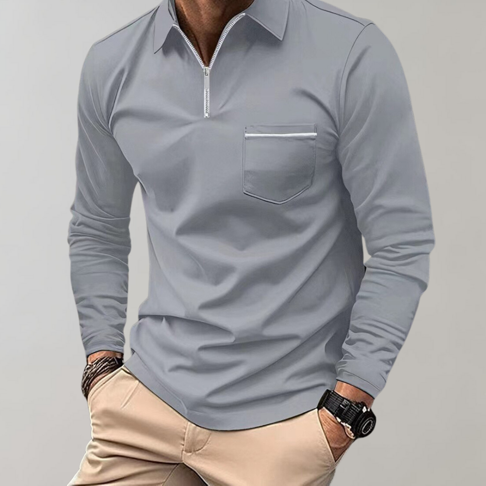 Langärmliges Poloshirt – Herren-Poloshirt mit Kragen und Viertelreißverschluss-Grau-S-Chaps Herrenmode