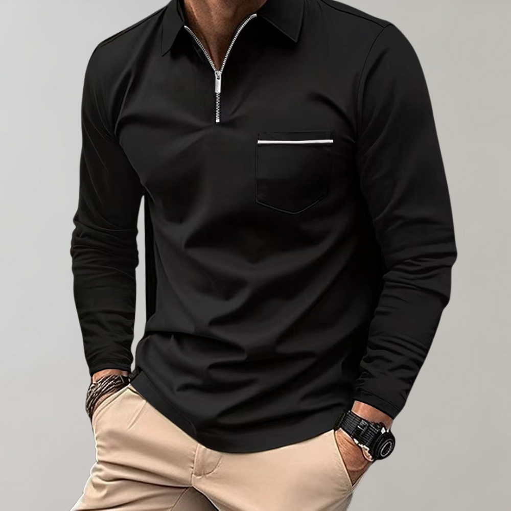 Langärmliges Poloshirt – Herren-Poloshirt mit Kragen und Viertelreißverschluss-Schwarz-S-Chaps Herrenmode