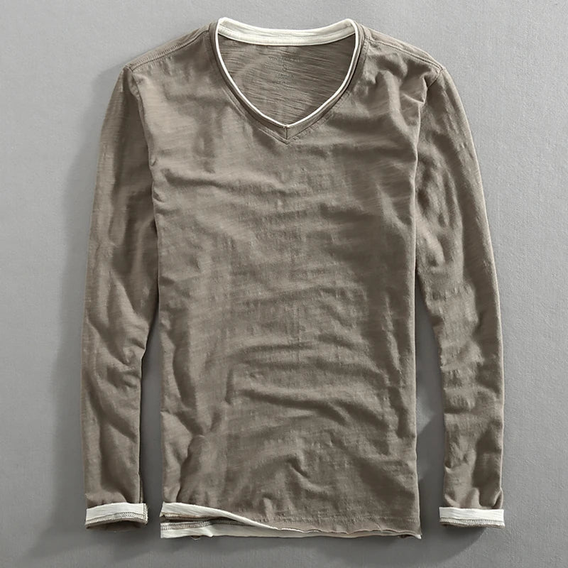 Langärmliges T-Shirt – Herren-Freizeithemd aus Leinen und Baumwolle mit V-Ausschnitt-Grau-S-Chaps Herrenmode