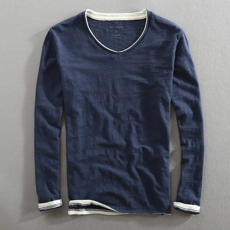 Langärmliges T-Shirt – Herren-Freizeithemd aus Leinen und Baumwolle mit V-Ausschnitt-Marineblau-S-Chaps Herrenmode