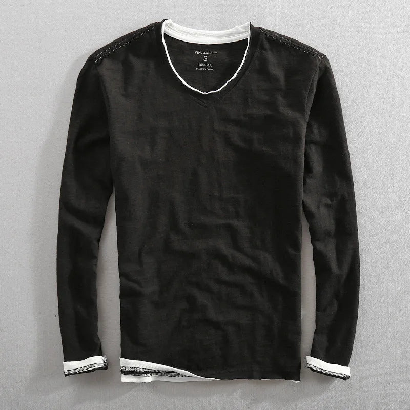 Langärmliges T-Shirt – Herren-Freizeithemd aus Leinen und Baumwolle mit V-Ausschnitt-Schwarz-S-Chaps Herrenmode