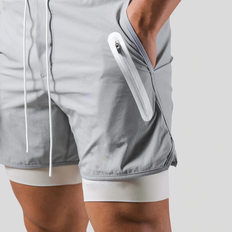 Laufshorts - Herren 2-in-1 Sport Gym Shorts mit Taschen-Grau ohne Logo-M-Chaps Herrenmode