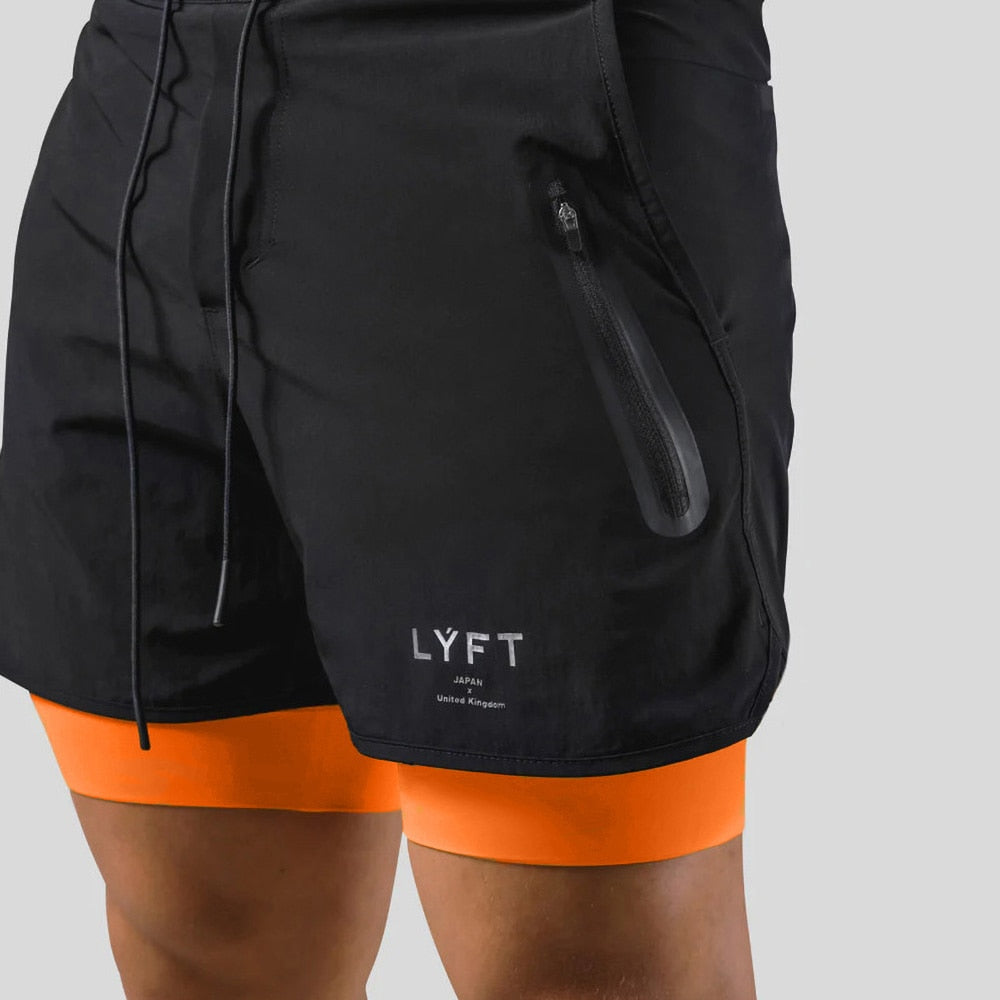Laufshorts - Herren 2-in-1 Sport Gym Shorts mit Taschen-Schwarz-Orange mit Logo-M-Chaps Herrenmode