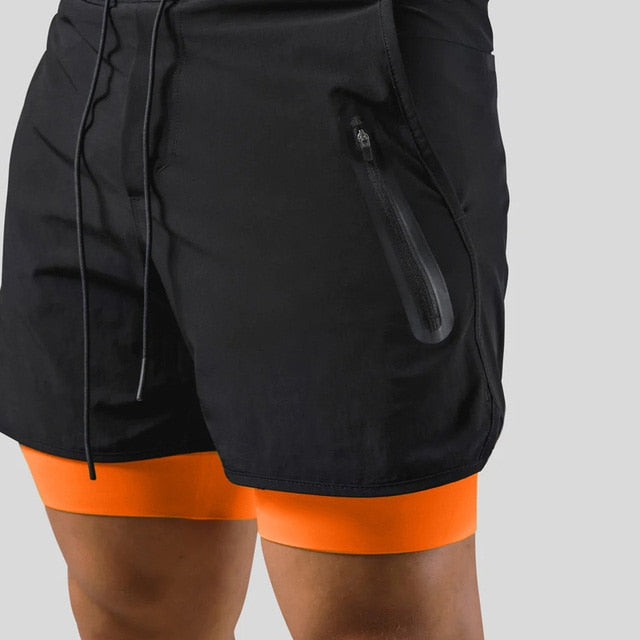 Laufshorts - Herren 2-in-1 Sport Gym Shorts mit Taschen-Schwarz-Orange ohne Logo-M-Chaps Herrenmode