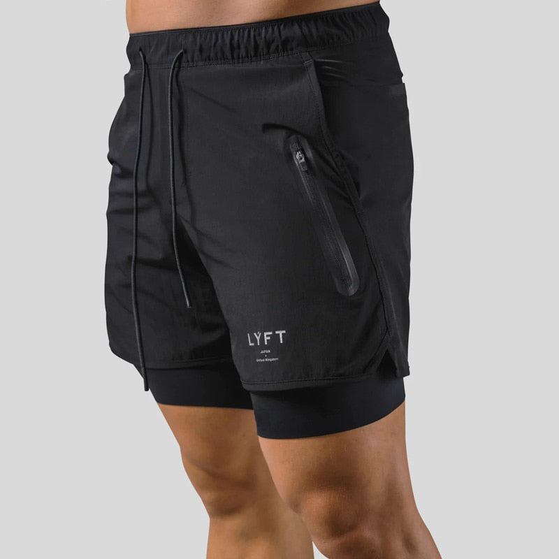 Laufshorts - Herren 2-in-1 Sport Gym Shorts mit Taschen-Schwarz mit Logo-M-Chaps Herrenmode