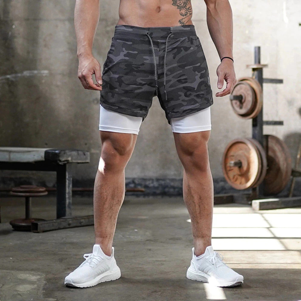 Laufshorts – Schnell trocknend – Kordelzug – 2-in-1-Shorts – Fitnessshorts für Männer-Grau Camouflage-M-Chaps Herrenmode