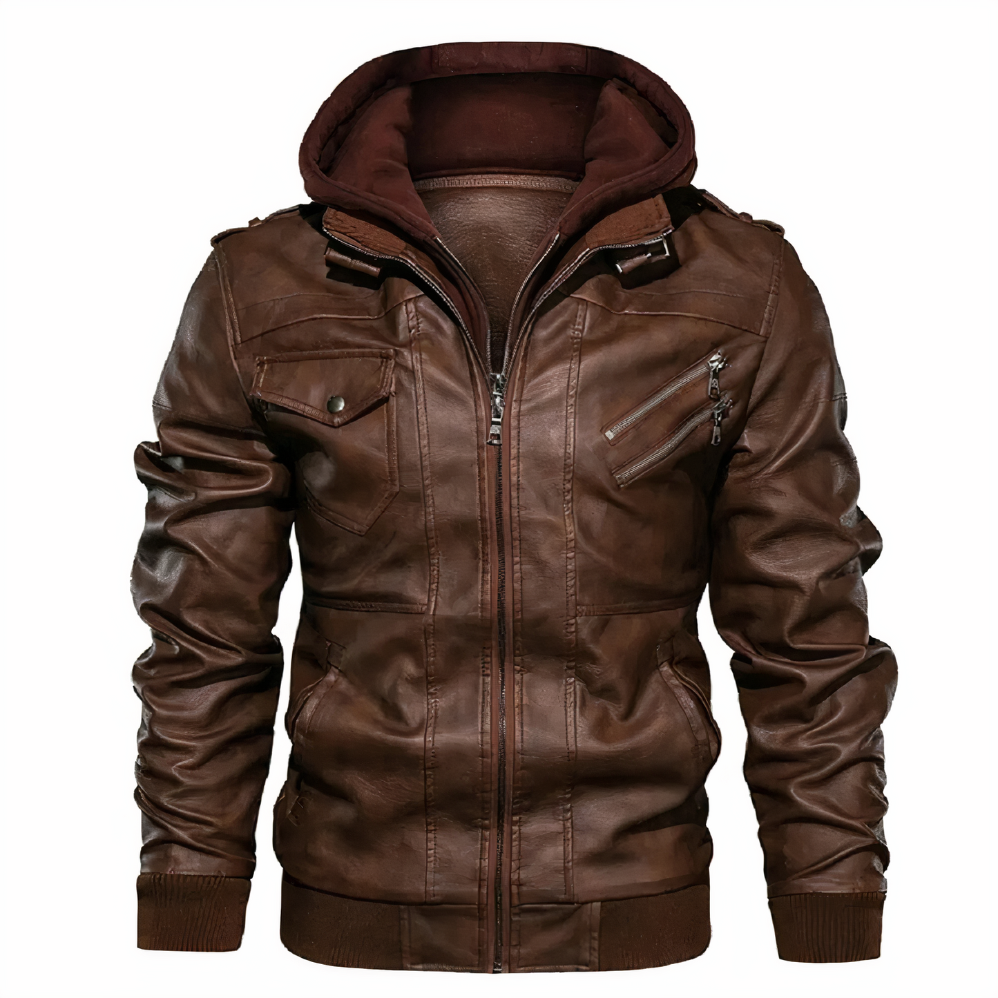 Lederjacke - Kapuze - Schmale Passform - Bikerjacke - Lederjacke für Männer-Braun-S-Chaps Herrenmode
