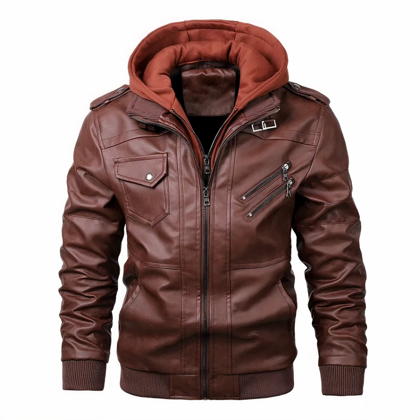 Lederjacke - Kapuze - Schmale Passform - Bikerjacke - Lederjacke für Männer-Rot-S-Chaps Herrenmode