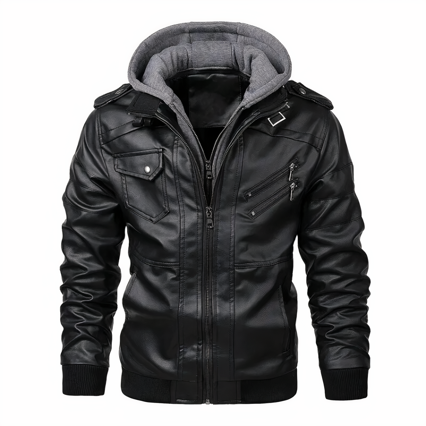 Lederjacke - Kapuze - Schmale Passform - Bikerjacke - Lederjacke für Männer-Schwarz-S-Chaps Herrenmode