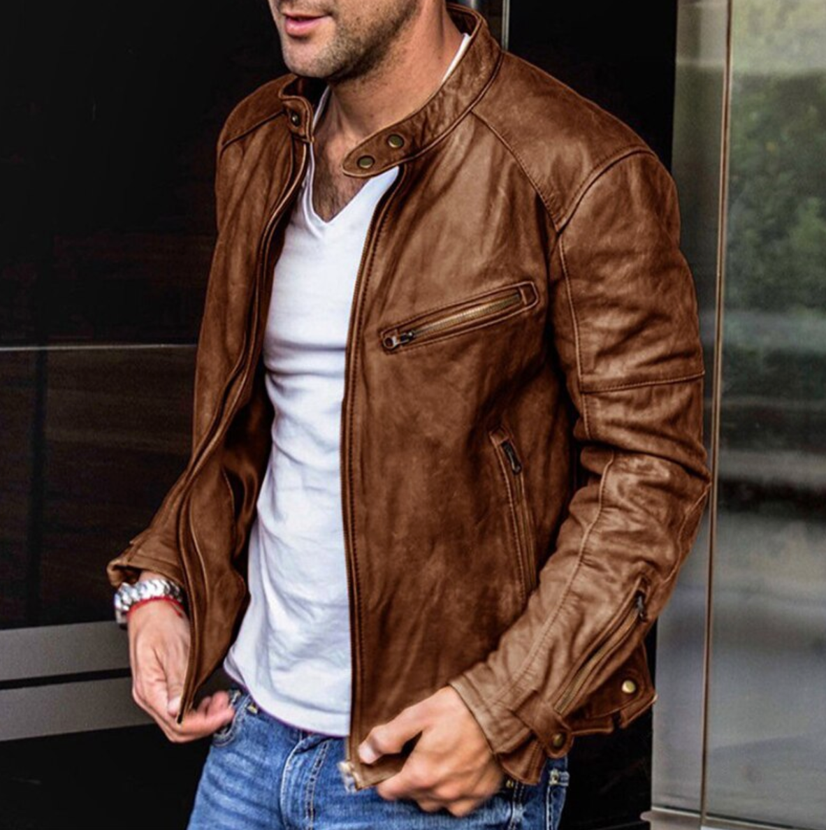 Lederjacke | Normale Passform | Reißverschluss | Herren-Lederjacke | Bikerjacke-Braun-S-Chaps Herrenmode
