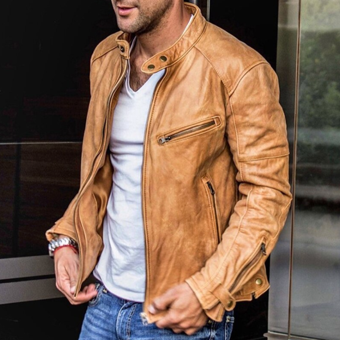 Lederjacke | Normale Passform | Reißverschluss | Herren-Lederjacke | Bikerjacke-Hellbraun-S-Chaps Herrenmode