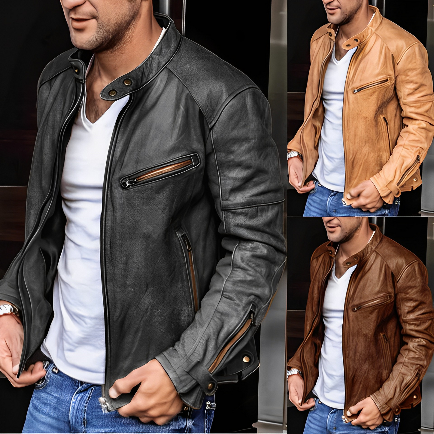 Lederjacke – Reißverschluss – Kunstleder – Bikerjacke – Herrenlederjacke-Chaps Herrenmode