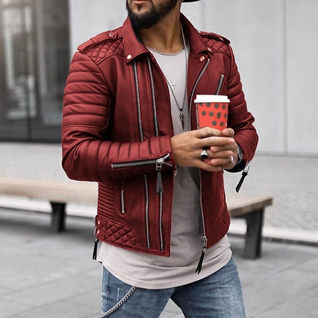 Lederjacke | Reißverschluss | Normale Passform | Bikerjacke | Herrenlederjacke-Rot-S-Chaps Herrenmode