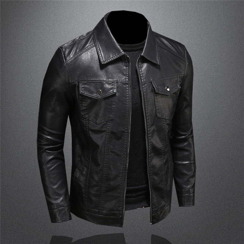Lederjacke | Schmaler Schnitt | Reißverschluss | Schwarze Jacke | Herren-Lederjacke-Chaps Herrenmode