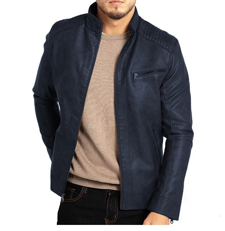 Lederjacke – Winddichte Herren-Bikerjacke aus Leder mit Reißverschluss-Blau-S-Chaps Herrenmode