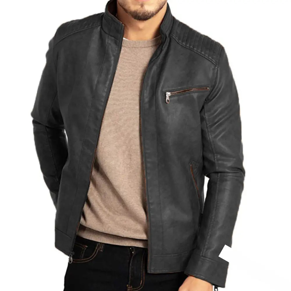 Lederjacke – Winddichte Herren-Bikerjacke aus Leder mit Reißverschluss-Dunkelgrau-S-Chaps Herrenmode
