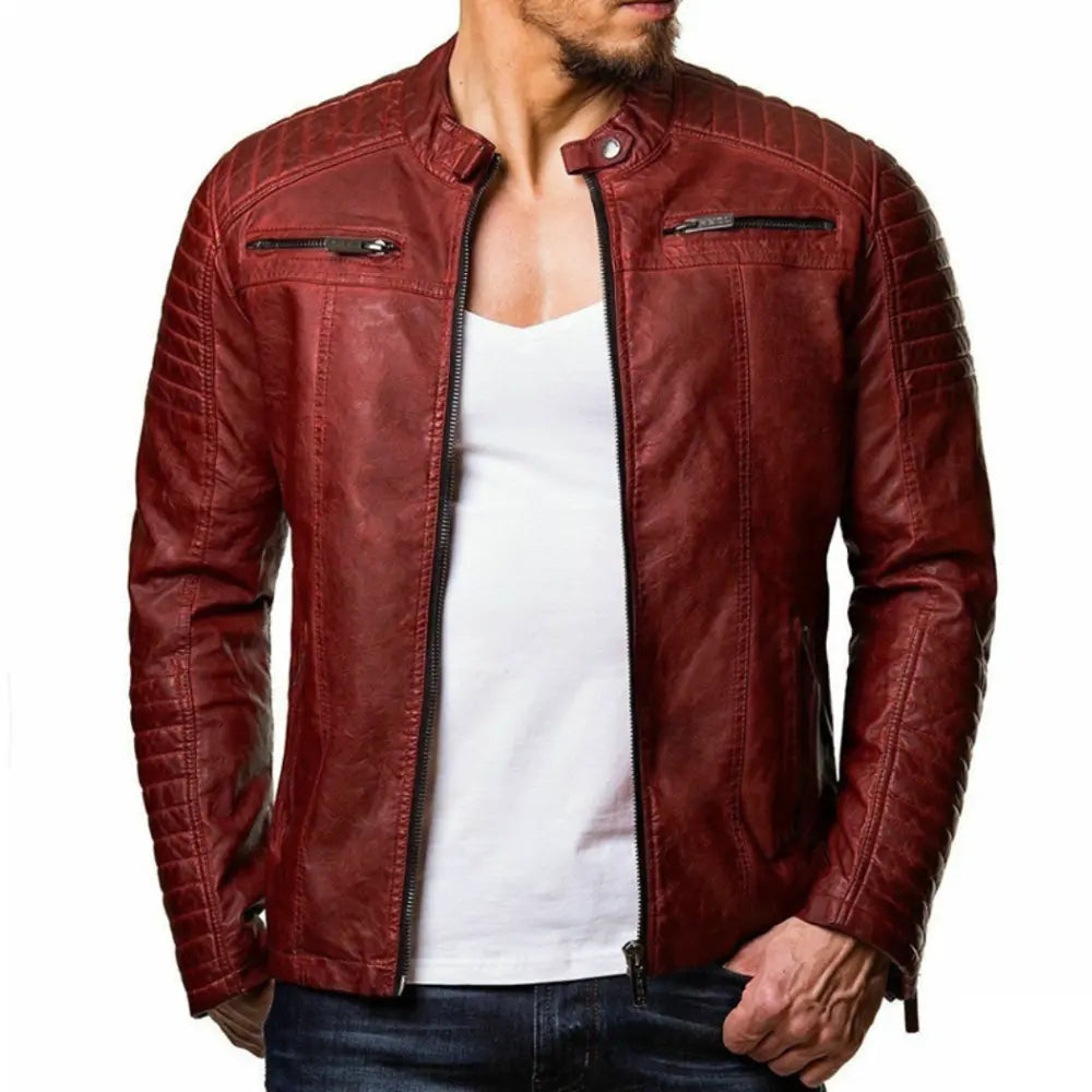 Lederjacke – Winddichte Herren-Bikerjacke aus Leder mit Reißverschluss-Rot-S-Chaps Herrenmode