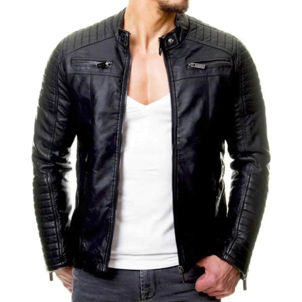 Lederjacke – Winddichte Herren-Bikerjacke aus Leder mit Reißverschluss-Schwarz-S-Chaps Herrenmode