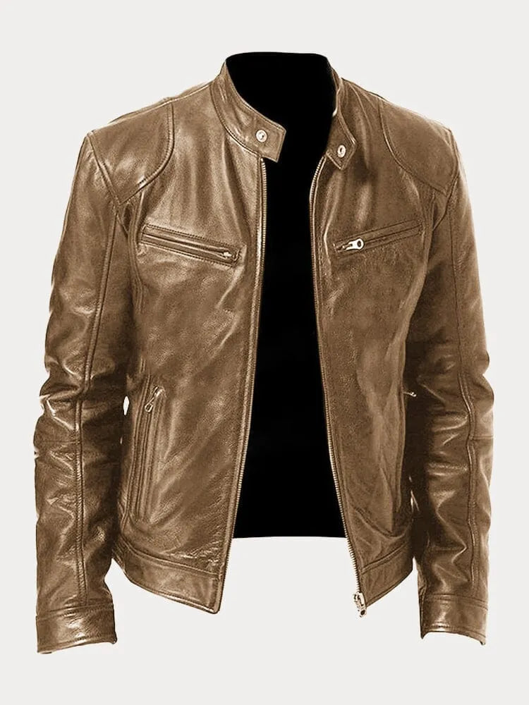 Lederjacke | Zip-Up | Regular Fit | Bikerjacke | Herren Lederjacke-Khaki-S-Chaps Herrenmode