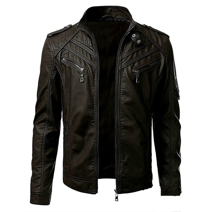 Lederjacke - Zip-Up - Stehkragen - Bikerjacke - Herren Lederjacke-Kaffe-S-Chaps Herrenmode