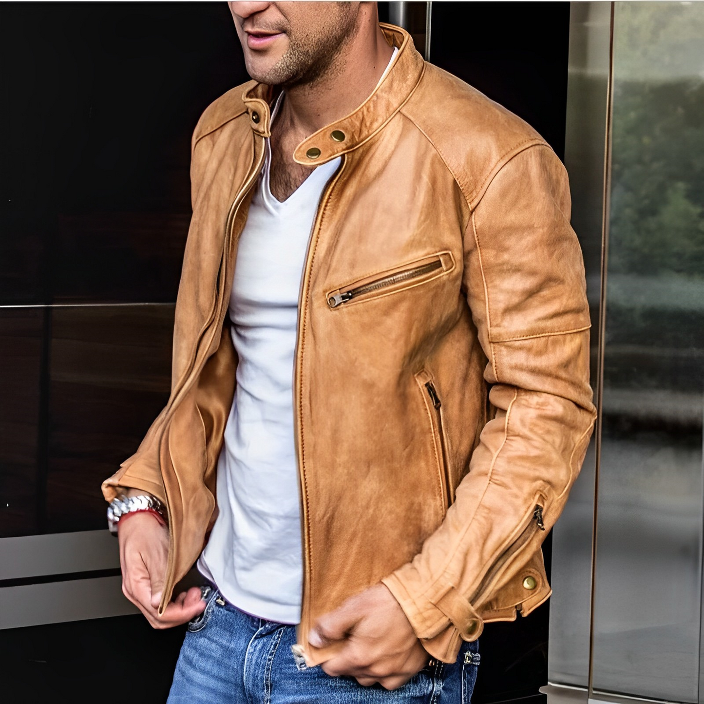 Lederjacke - Zip-Up - Vintage - Bikerjacke - Herren Lederjacken-Beige-XS-Chaps Herrenmode