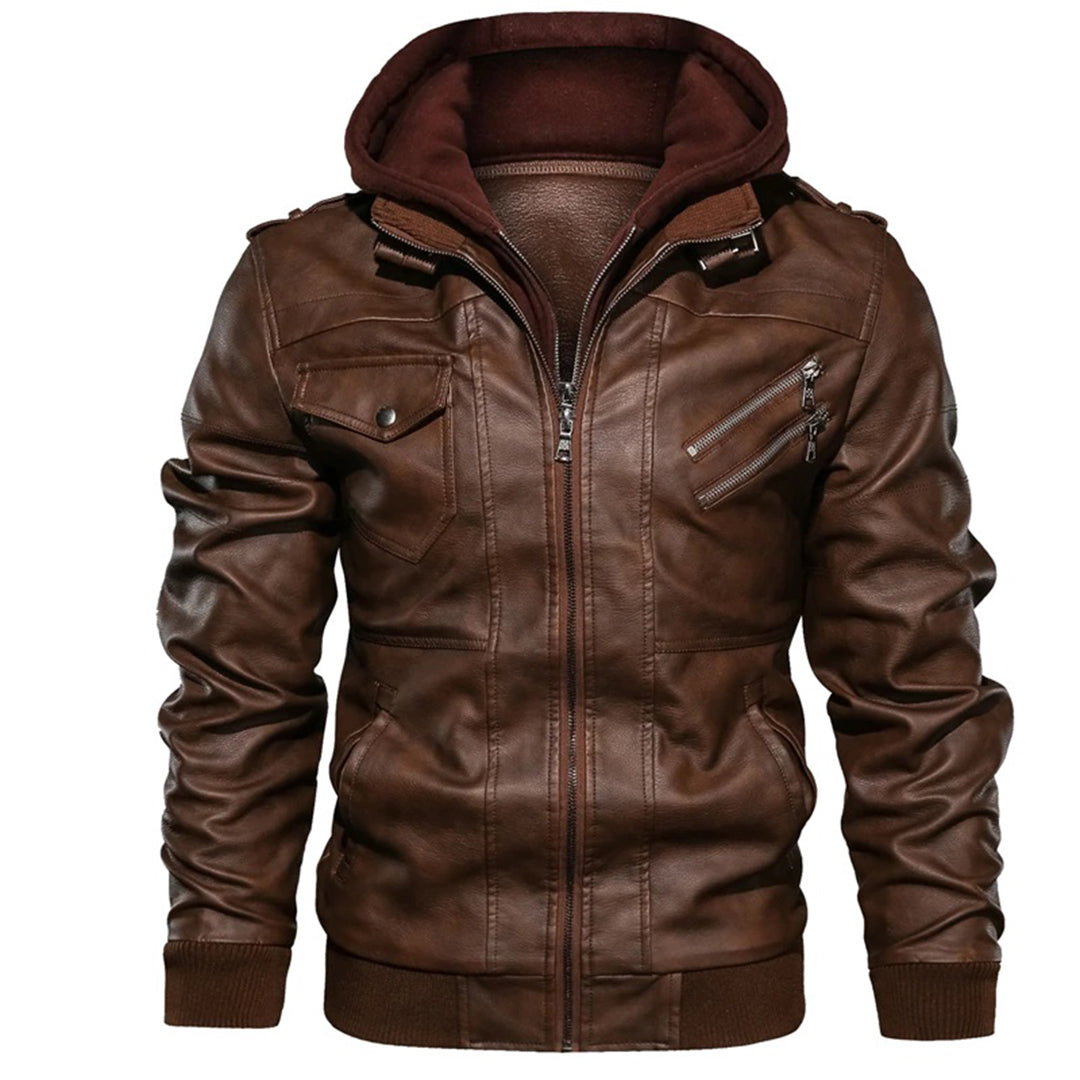 Lederjacke – mit Kapuze – mit Reißverschluss – Bikerjacke – Herrenlederjacke-Braun-S-Chaps Herrenmode