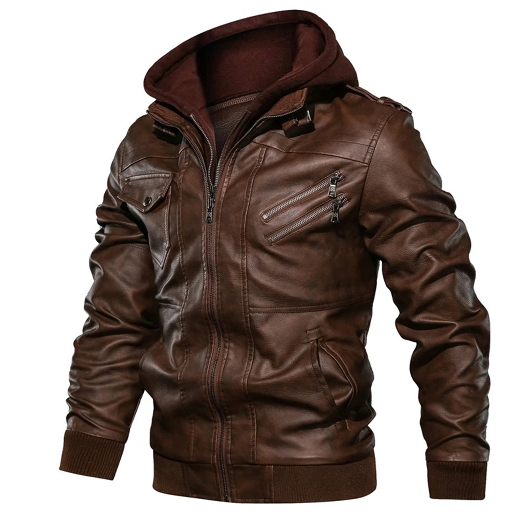 Lederjacke – mit Kapuze – mit Reißverschluss – Bikerjacke – Herrenlederjacke-Chaps Herrenmode